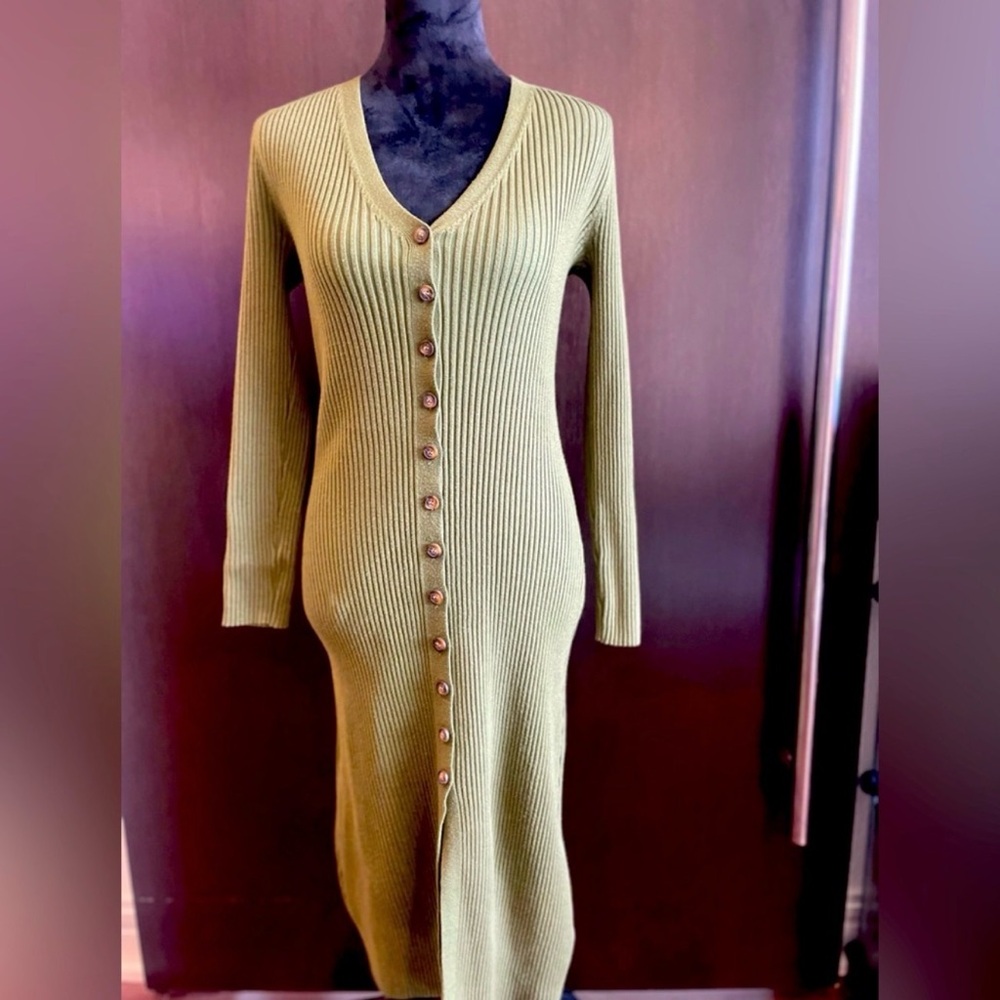 Olive Green Ribbed Button-Down Dress